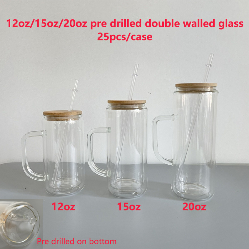 China RTS 12oz/15oz/20oz Sublimation Double Walled SnowGlobe Glass Cup with Handle Free Shipping (25PCS)