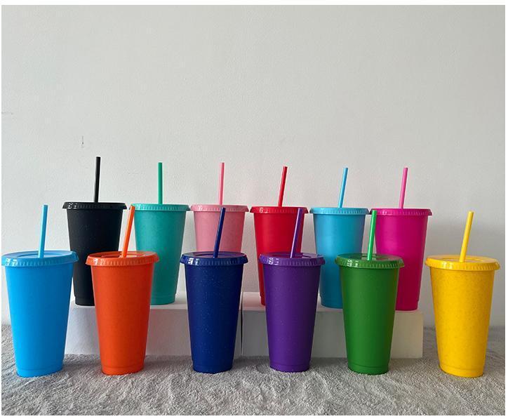 China Glitter Reusable Plastic Cup with Straws and Lids Bulk Color Party Coffee Cup (24oz/17oz)