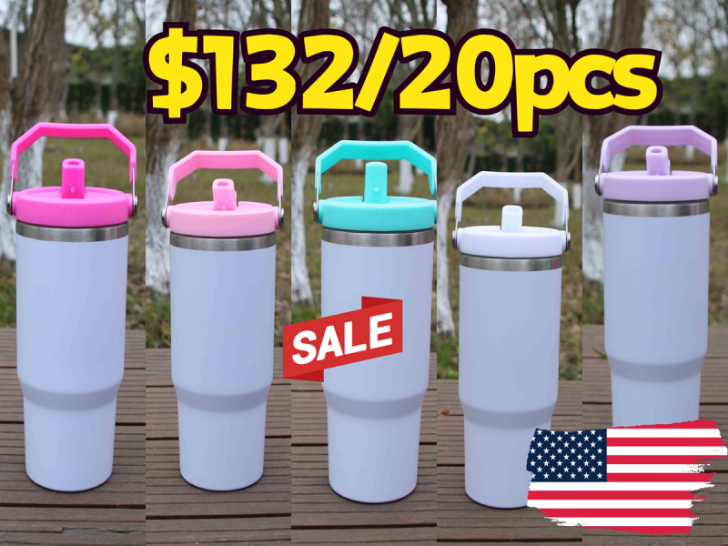NEW US RTS 30oz Sublimation Blank Mug with Colored Flip Lid Free Shipping (20PCS)