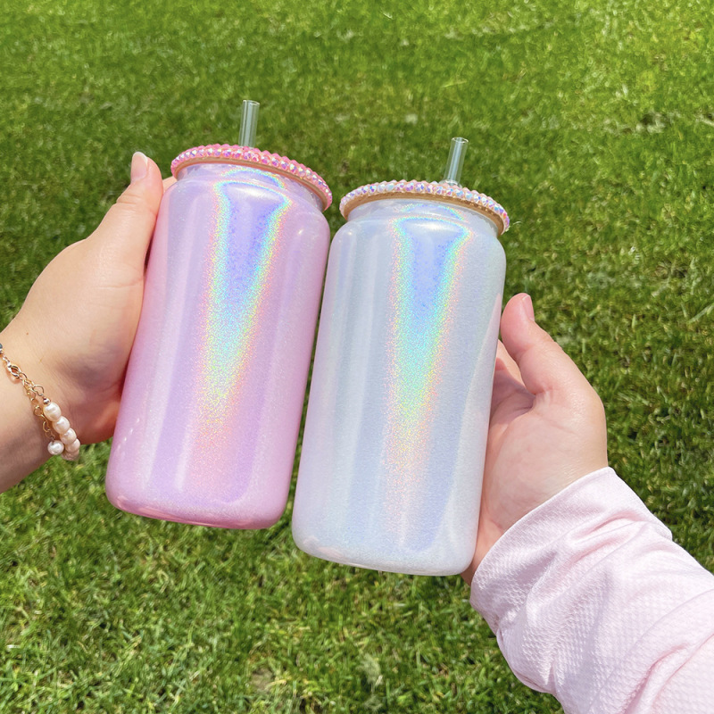 US RTS 16oz Sublimation Glitter Glass Libby Can with Rhinestone Lid Free Shipping (25PCS/50PCS)