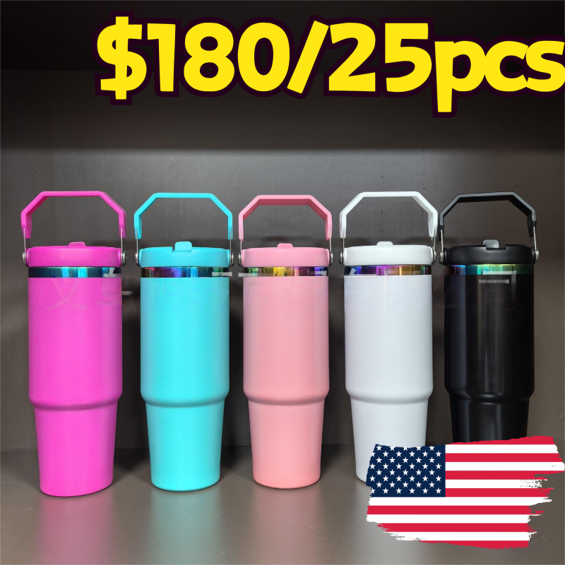 US RTS 30oz Rainbow Plated Flip Tumblers with Handle Lid for Laser Free Shipping (25PCS)