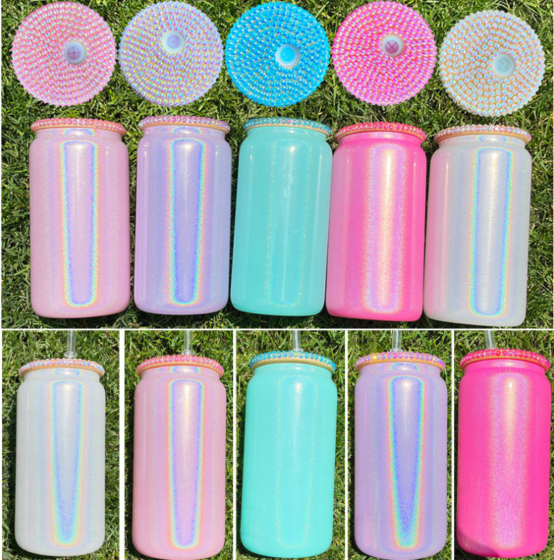US RTS 16oz Sublimation Glitter Glass Libby Can with Rhinestone Lid Free Shipping (25PCS/50PCS)