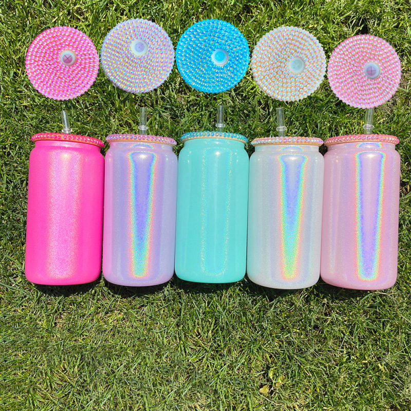 US RTS 16oz Sublimation Glitter Glass Libby Can with Rhinestone Lid Free Shipping (25PCS/50PCS)