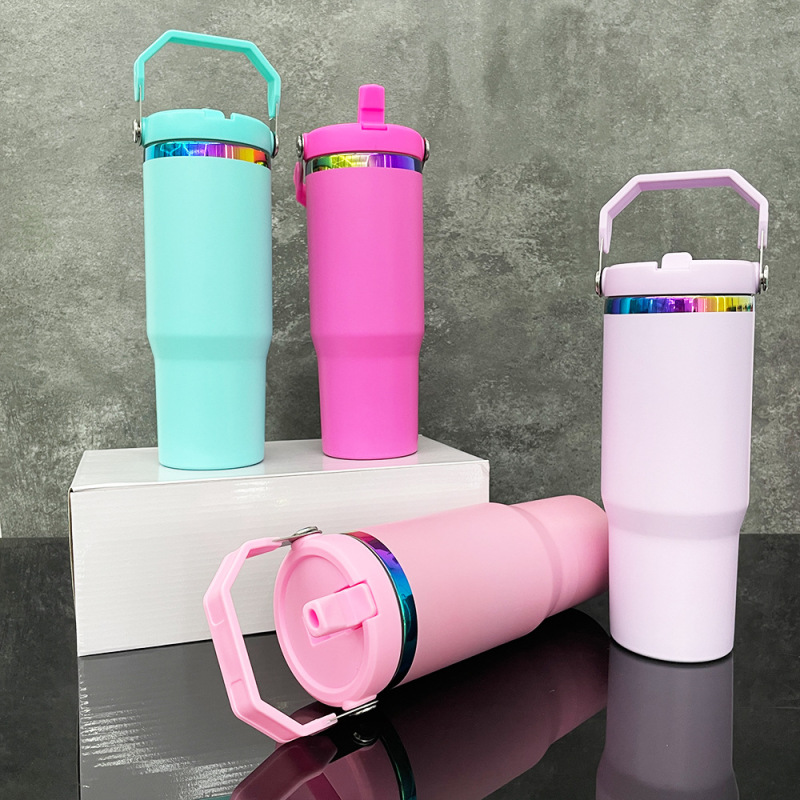 US RTS 30oz Rainbow Plated Flip Tumblers with Handle Lid for Laser Free Shipping (25PCS)