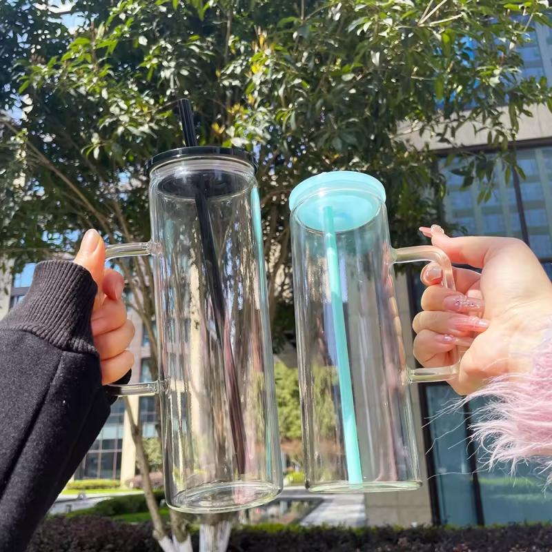 China RTS NEW 20oz Sublimation Clear/Frosted Glass Can with Handle and Colored Lids Straws Free Shipping (25pcs/50pcs)