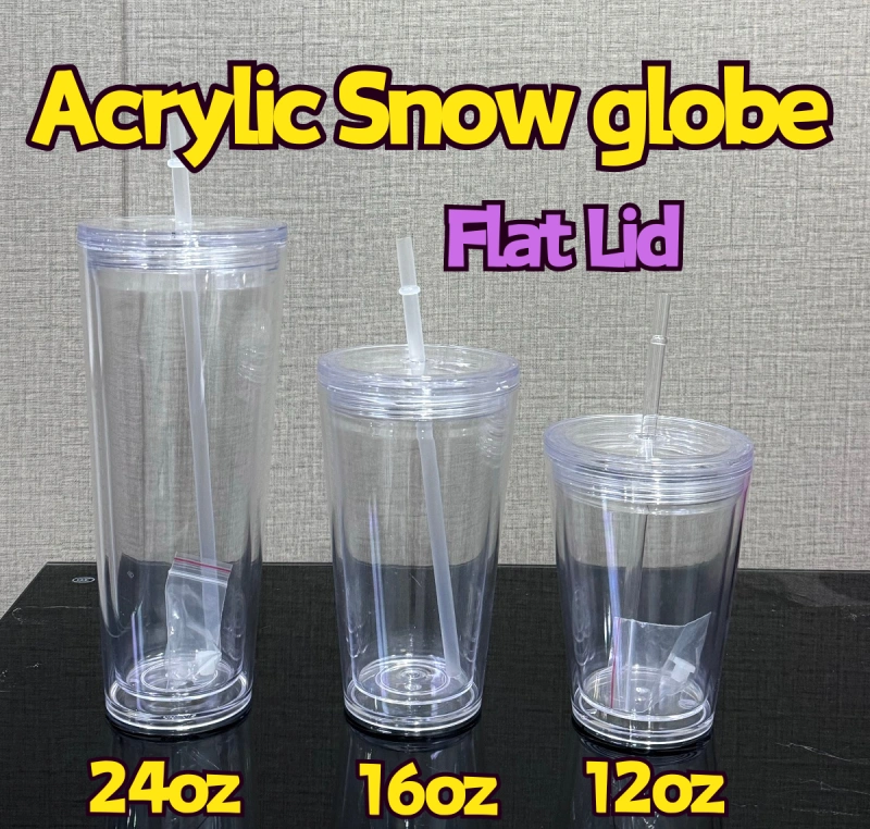 China RTS 12oz/16oz/24oz Double Walled Snowglobe Acrylic Plastic Cups Flat Lid Free Shipping (with hole and plugs) (40PCS)