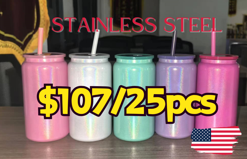 NEW US RTS 16oz Stainless Steel Sublimation Shimmer Glitter Vacuum Tumbler Can Free Shipping (25PCS)