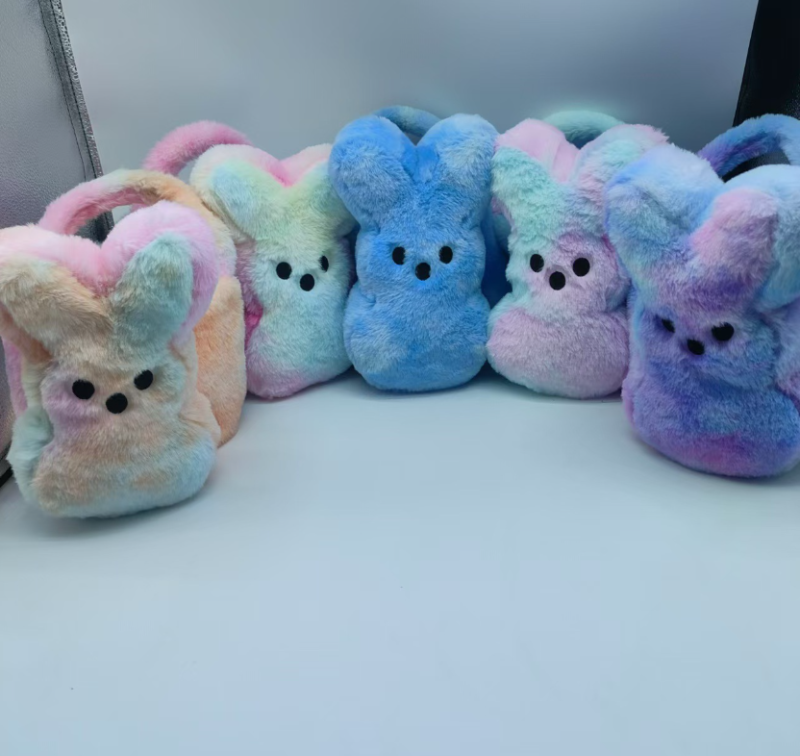 RTS 11.8inch Plush Tie Dye Rainbow Bunny Peeps Baskets for Easter Gift Bags Egg Bucket Free Shipping (20PCS/40PCS)