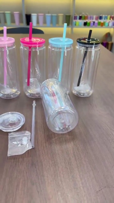US RTS 20oz Sublimation Double Wall Snowglobe Glass Cup with Clear Lids Free Shipping(25PCS)