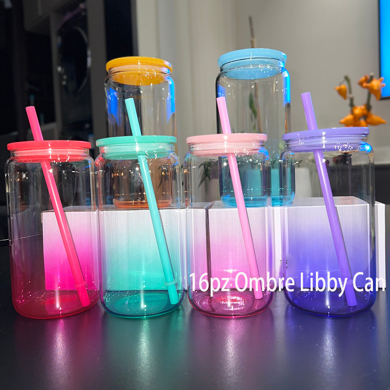 US RTS 16oz Sublimation Ombre Gradient Jelly Glass Tumbler Can Free Shipping (25PCS/50PCS)