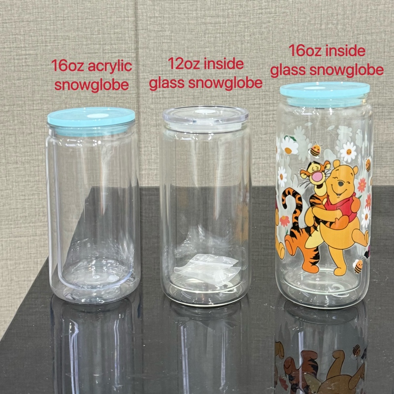 US RTS 20oz Sublimation Double Wall Snowglobe Glass Cup with Clear Lids Free Shipping(25PCS)