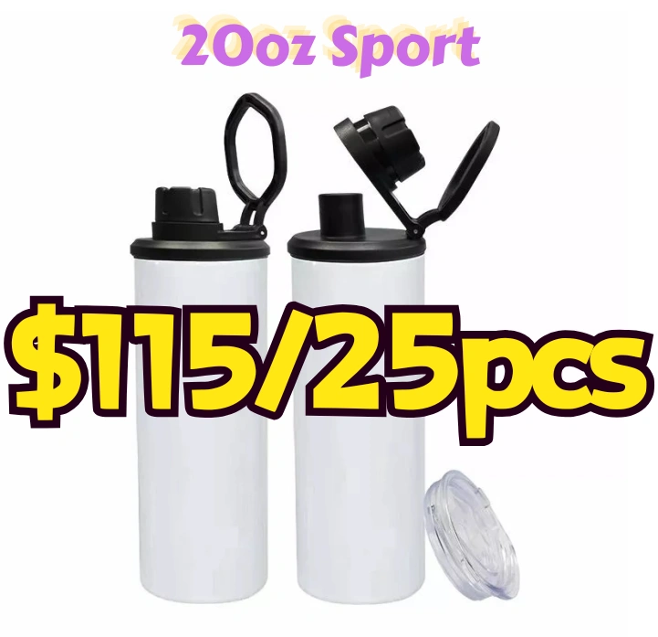 US RTS 20oz Straight Sublimation Sport Tumbler with 2 Lids (25PCS)