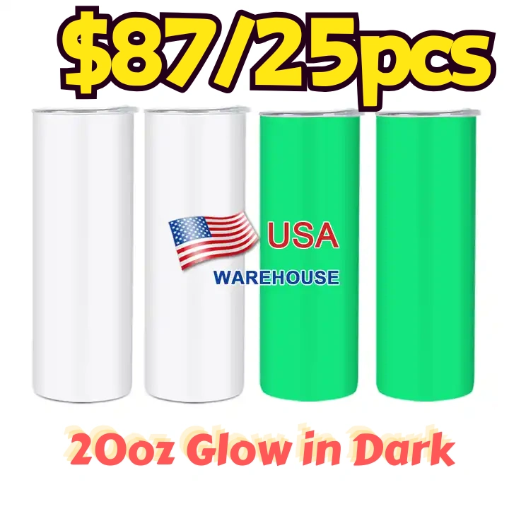 NEW US RTS 20oz Sublimation Glow in Dark Tumbler Glossy Finish & Flat Edge Bottom (25PCS)
