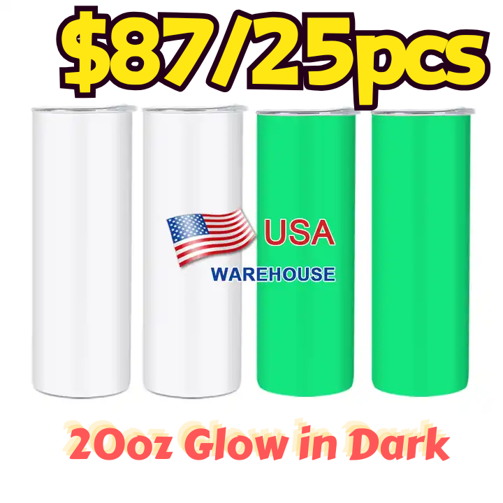 NEW US RTS 20oz Sublimation Glow in Dark Tumbler Glossy Finish & Flat Edge Bottom (25PCS)
