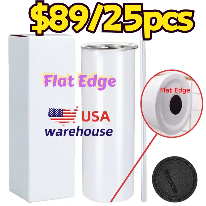 SALES US RTS 20oz Flat-Edge Sublimation Straight Tumbler Skinny with Rubber Bottoms (25PCS/50PCS)