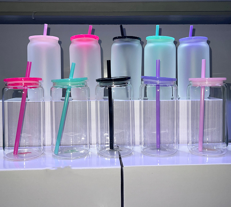 SALES US RTS 16oz Sublimation Glass Libby Tumbler Can with Colored Lid and Straw (25PCS)