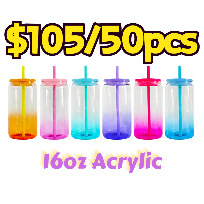 SALES US RTS 16oz Acrylic Plastic Ombre Can with Colored Lid Free Shipping (50PCS)