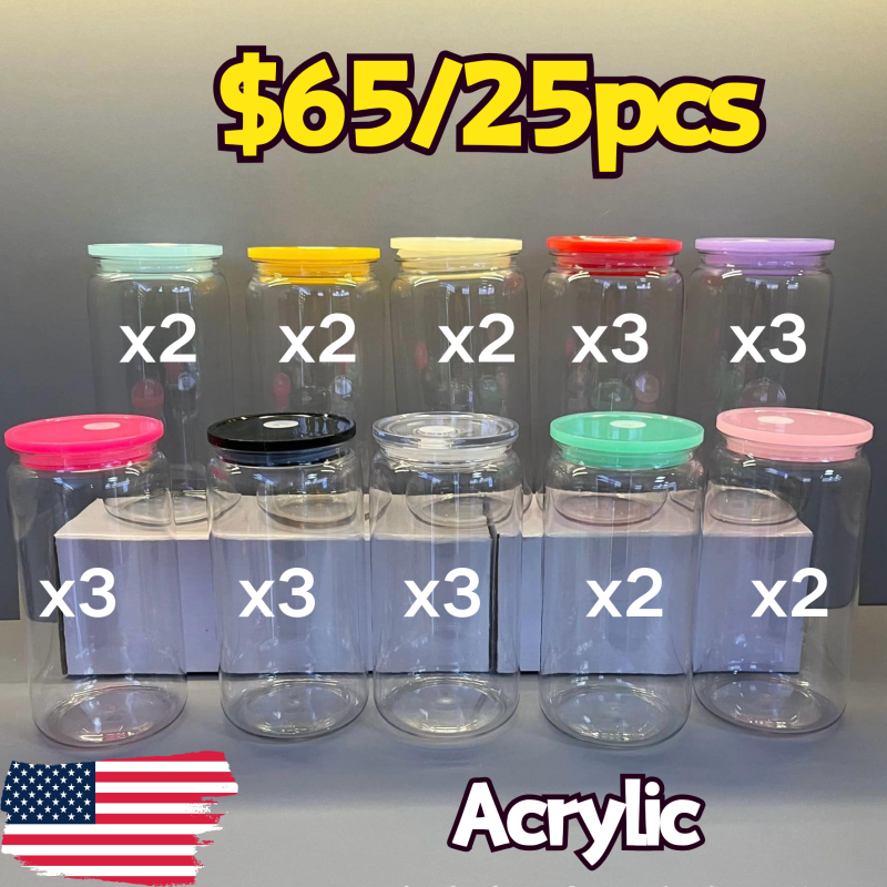 NEW US RTS 16oz PP Acrylic PLASTIC Can with Clear Lid & Straw Free Shipping (25PCS)