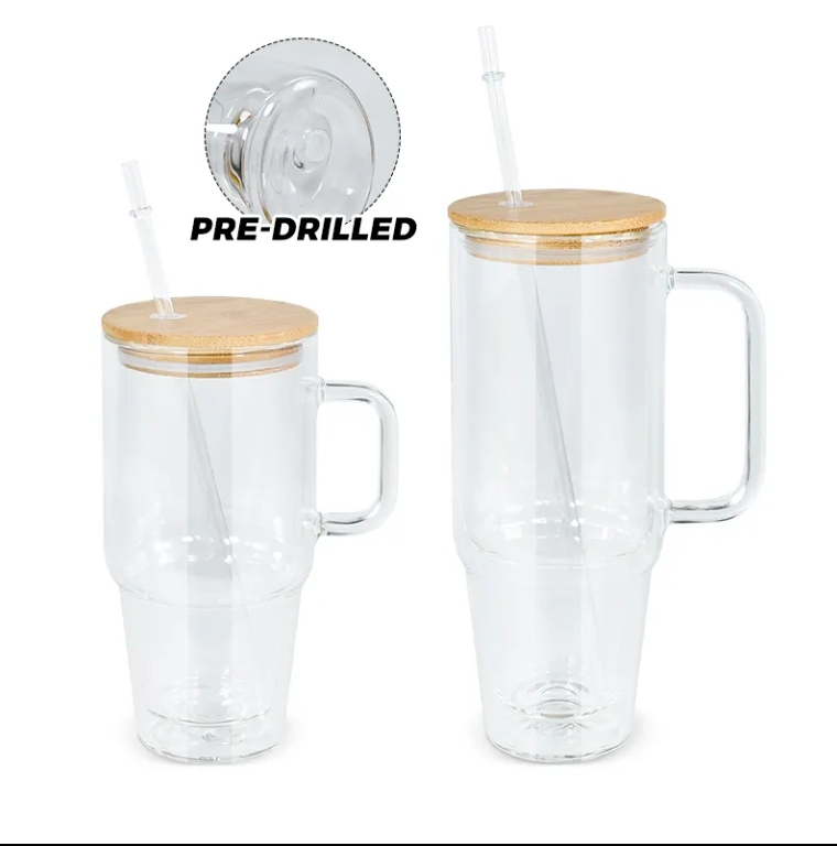 RTS China RTS 32oz/40oz Sublimation Pre-drilled Snow Globe GLASS Mug with Handle Free Shipping (12PCS)