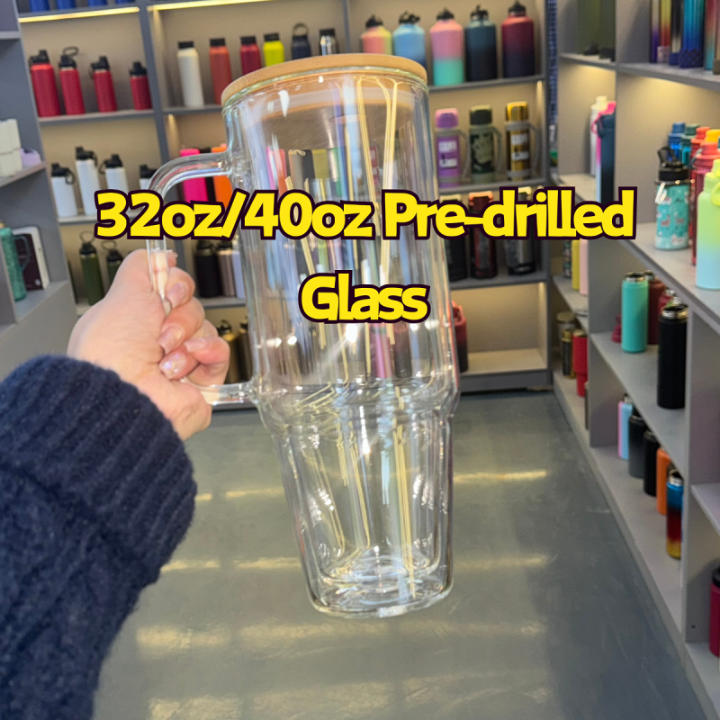 RTS China RTS 32oz/40oz Sublimation Pre-drilled Snow Globe GLASS Mug with Handle Free Shipping (12PCS)