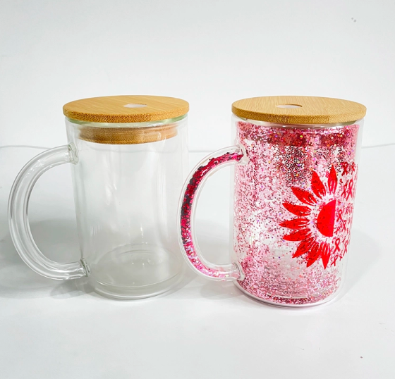 US Warehouse RTS 15oz Glass Pre-drilled Snowglobe Mug with Hollow Handle Free Shipping (25PCS)