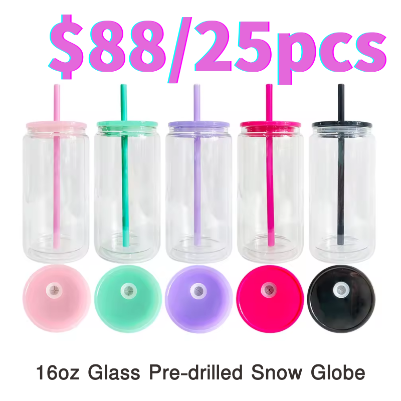 US RTS 16oz Sublimation Pre-drilled Glass Snow Globe Tumbler Double Wall Snowglobe Glass Cup Free Shipping(25PCS)