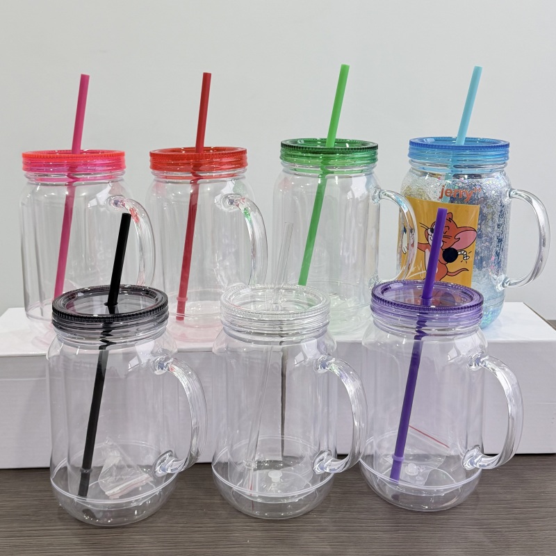 Inproved 20oz Acrylic Snow Globe Mason Jar 2.0 Pre-drilled Plastic Snowglobe Bottle Tumbler Colourful Lid & Straws with Plugs (25PCS)