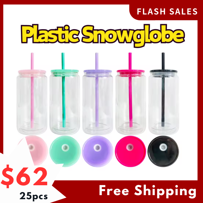 SALES US RTS 16oz Pre-drilled Acrylic Plastic Snowglobe Can Bottle Double Walled Cup Free Shipping (25PCS)