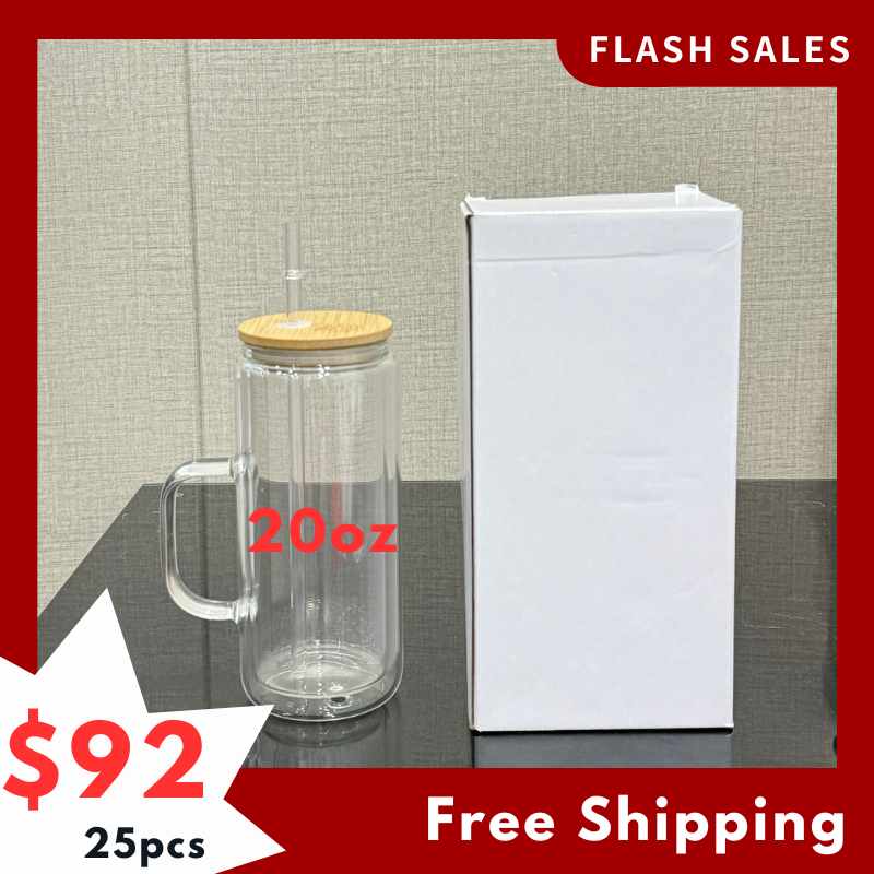 SALES US RTS 20oz Sublimation Pre-drilled Snow Globe Tumbler Double Walled Glass Cup with Handle Free Shipping (25PCS)