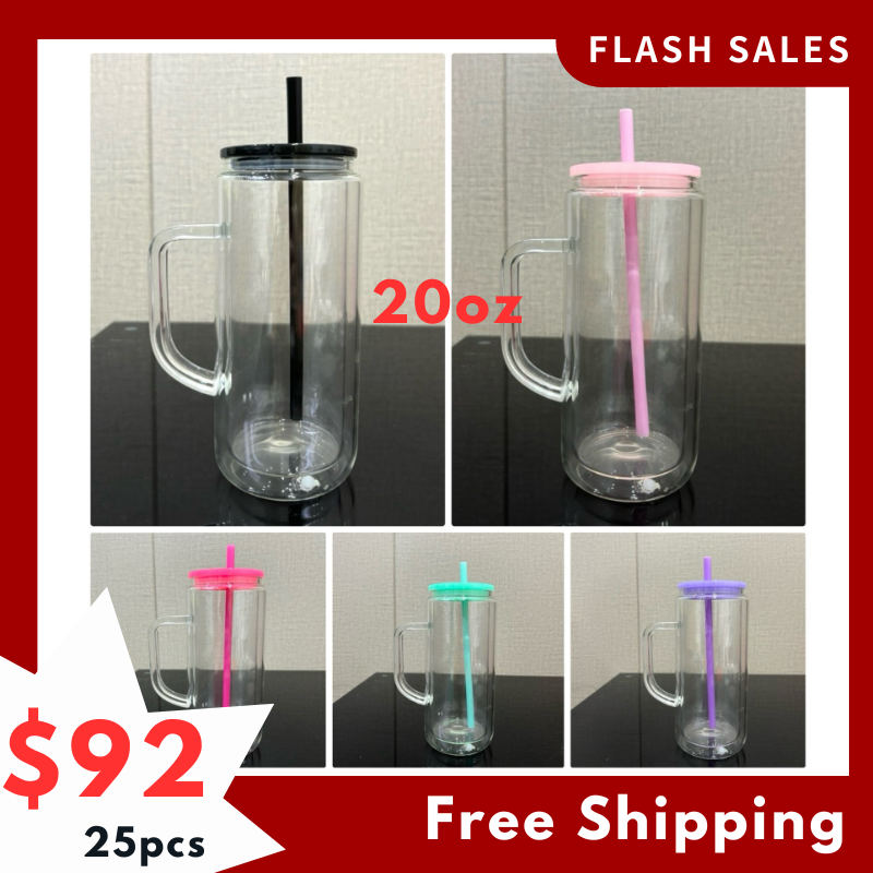 SALES US RTS 20oz Sublimation Pre-drilled Snow Globe Tumbler Double Walled Glass Cup with Handle Free Shipping (25PCS)