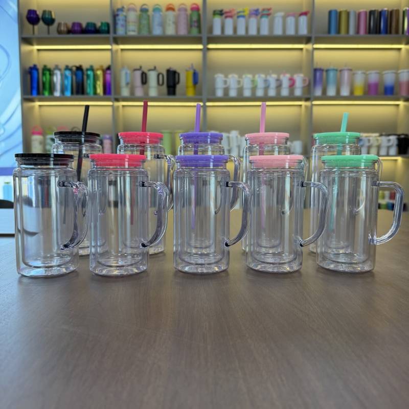 NEW China Warehouse RTS 16oz / 20oz Acrylic Pre-drilled Snowglobe Tumbler with Handle Plastic Snow Globe Bottle Cup Free Shipping (25pcs/50pcs)