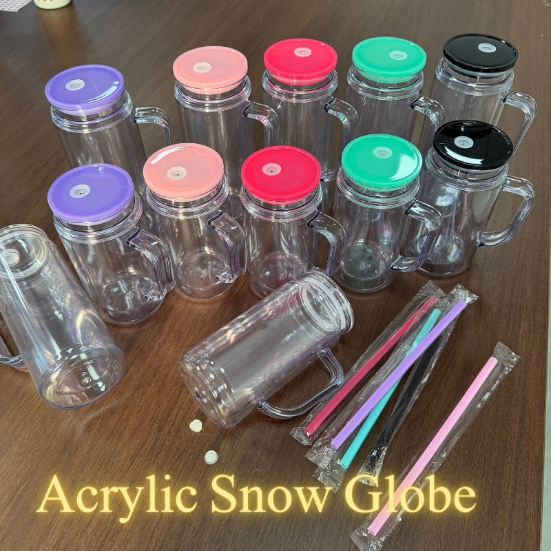 NEW China Warehouse RTS 16oz / 20oz Acrylic Pre-drilled Snowglobe Tumbler with Handle Plastic Snow Globe Bottle Cup Free Shipping (25pcs/50pcs)
