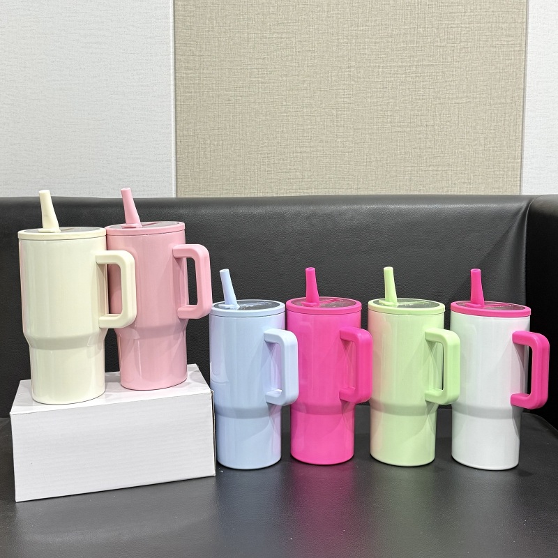 NEW China RTS 20oz Sublimation Colored Shimmer Tumbler with Leakproof Lid Stainless Steel Insulated Kids Cup with Handle Free Shipping (25PCS)