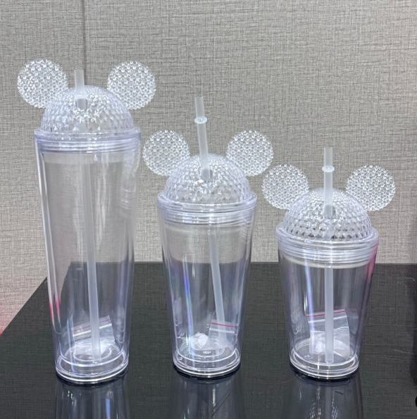 China RTS 12oz/16oz/24oz Double Walled Pre-drilled Snow Globe Acrylic Tumbler with Ears Bottle Plastic Cups Free Shipping (20PCS)