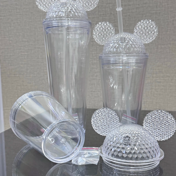 China RTS 12oz/16oz/24oz Double Walled Pre-drilled Snow Globe Acrylic Tumbler with Ears Bottle Plastic Cups Free Shipping (20PCS)