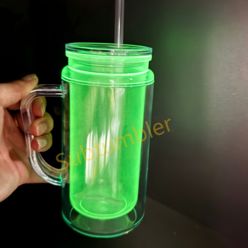 New China Warehouse 16oz Glow in the Dark Acrylic Snow Globe Tumbler Per Drilled Hole Snow Globe Bottle Cups Free Shipping (25PCS)
