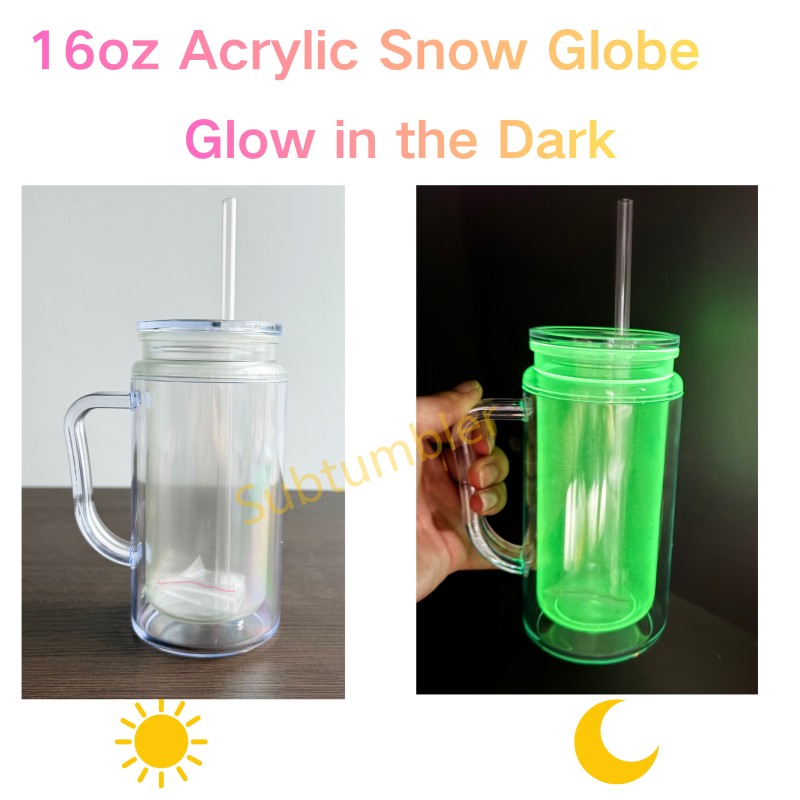 New China Warehouse 16oz Glow in the Dark Acrylic Snow Globe Tumbler Per Drilled Hole Snow Globe Bottle Cups Free Shipping (25PCS)