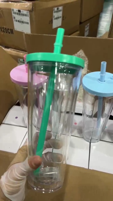 China RTS 12oz/16oz/24oz Plastic Snow Globe Tumbler with Pre Drilled Hole Bottle Double Walled Plastic Cups with Colorful Tops Free Shipping (20PCS)