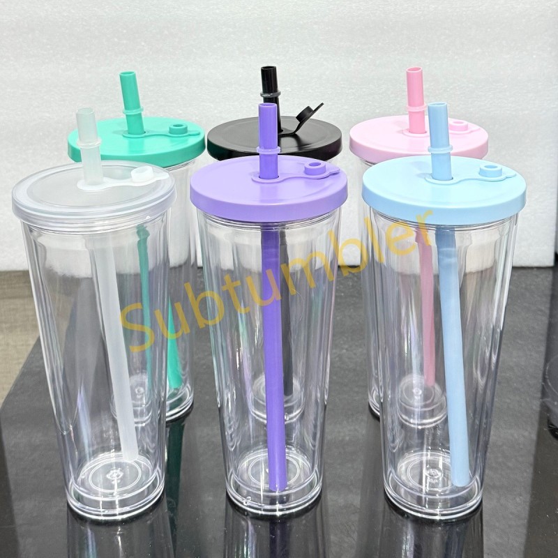 China RTS 12oz/16oz/24oz Plastic Snow Globe Tumbler with Pre Drilled Hole Bottle Double Walled Plastic Cups with Colorful Tops Free Shipping (20PCS)