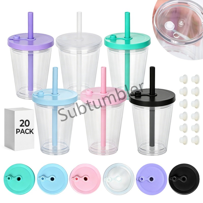 China RTS 12oz/16oz/24oz Plastic Snow Globe Tumbler with Pre Drilled Hole Bottle Double Walled Plastic Cups with Colorful Tops Free Shipping (20PCS)