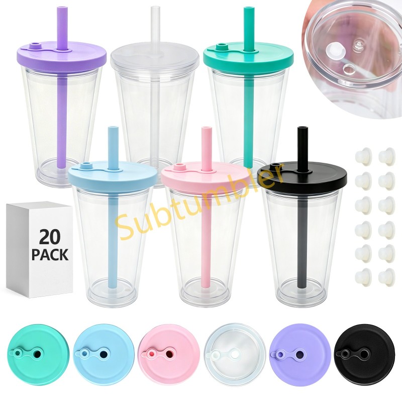 China RTS 12oz/16oz/24oz Plastic Snow Globe Tumbler with Pre Drilled Hole Bottle Double Walled Plastic Cups with Colorful Tops Free Shipping (20PCS)