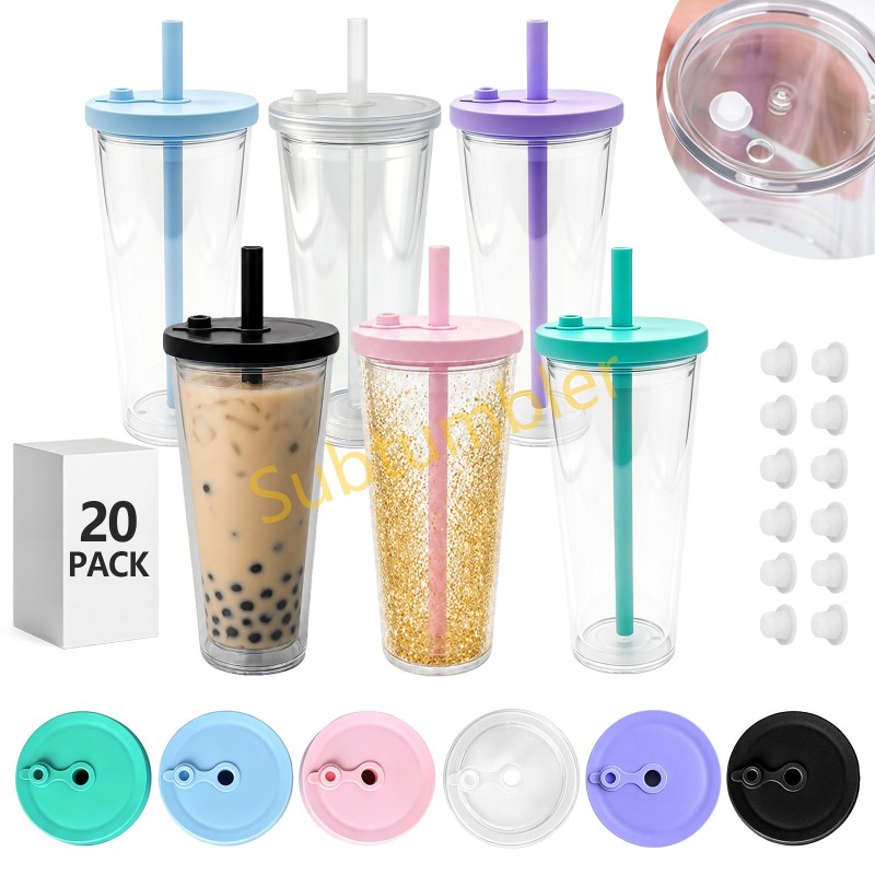 China RTS 12oz/16oz/24oz Plastic Snow Globe Tumbler with Pre Drilled Hole Bottle Double Walled Plastic Cups with Colorful Tops Free Shipping (20PCS)