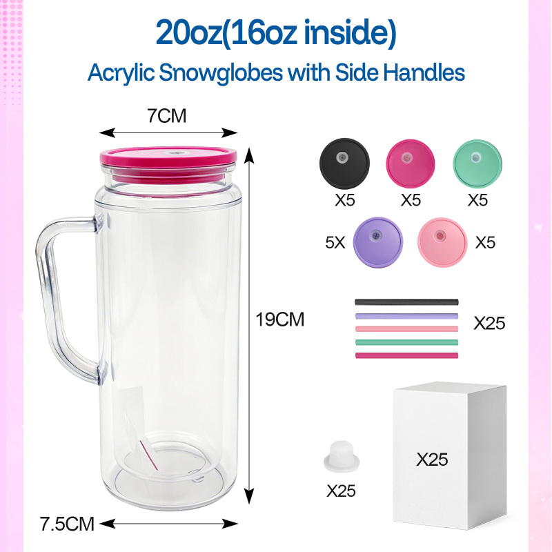 USA Warehouse RTS 16oz / 20oz Acrylic Pre-drilled Snow Globe Tumbler with Handle Plastic Snow Globe Bottle Cup Free Shipping (25pcs/50pcs)