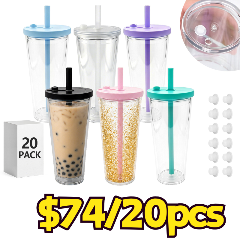 USA Warehouse 12oz/16oz/24oz Plastic Snow Globe Tumbler with Pre Drilled Hole Bottle Double Walled Plastic Cups with Colorful Tops Free Shipping (20PCS)