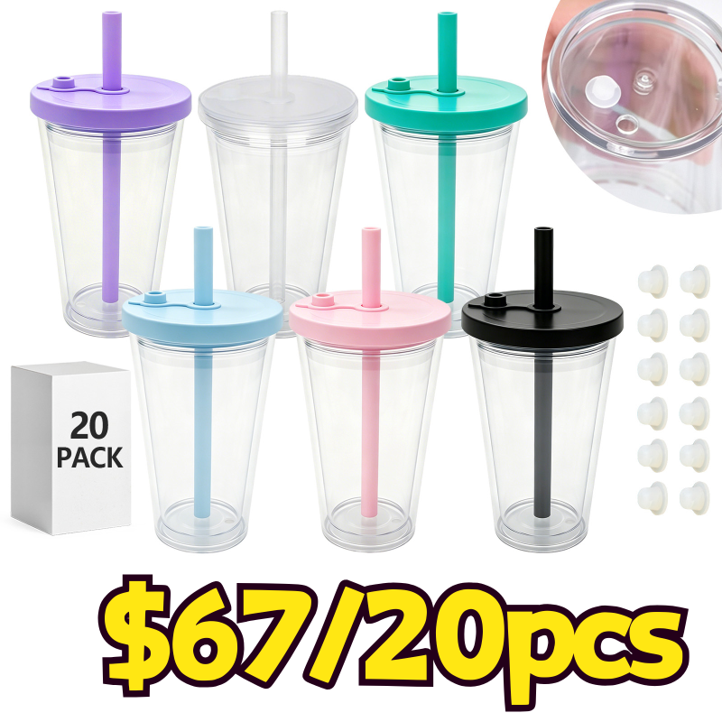 USA Warehouse 12oz/16oz/24oz Plastic Snow Globe Tumbler with Pre Drilled Hole Bottle Double Walled Plastic Cups with Colorful Tops Free Shipping (20PCS)