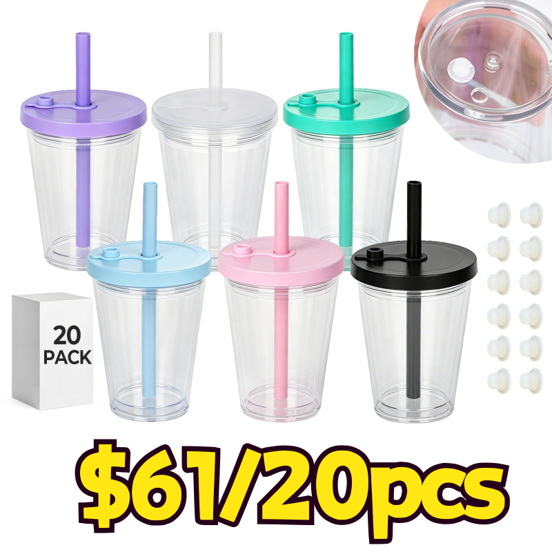 USA Warehouse 12oz/16oz/24oz Plastic Snow Globe Tumbler with Pre Drilled Hole Bottle Double Walled Plastic Cups with Colorful Tops Free Shipping (20PCS)