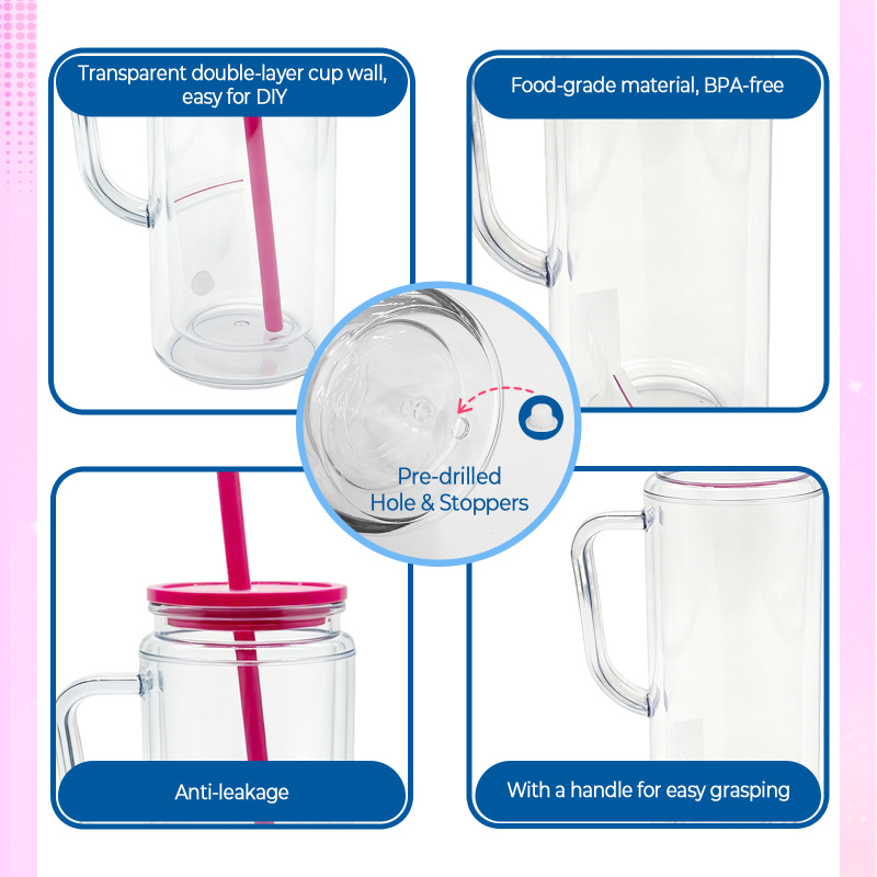 USA Warehouse RTS 16oz / 20oz Acrylic Pre-drilled Snow Globe Tumbler with Handle Plastic Snow Globe Bottle Cup Free Shipping (25pcs/50pcs)