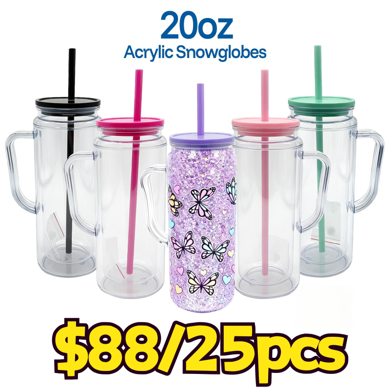 USA Warehouse RTS 16oz / 20oz Acrylic Pre-drilled Snow Globe Tumbler with Handle Plastic Snow Globe Bottle Cup Free Shipping (25pcs/50pcs)