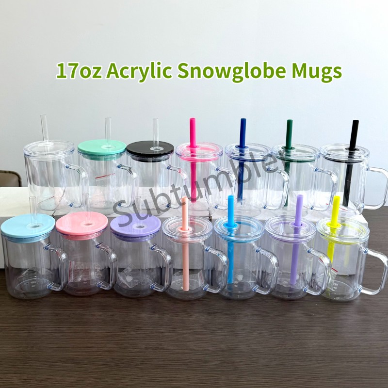 New China Warehouse 17oz Plastic Pre-drilled Snow Globe Mug with Handle Tumbler Acrylic Snowglobe Tumbler Bottle Plastic Cups (with hole & plugs) Free Shipping (25PCS/40PCS))