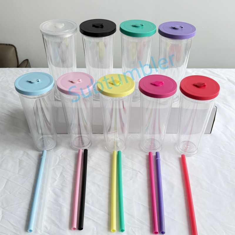 New Color China RTS 12oz/16oz/24oz Plastic Snow Globe Tumbler with Pre Drilled Hole Bottle Double Walled Plastic Cups with Colorful Tops Free Shipping (25PCS)